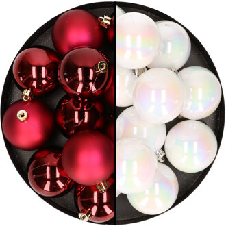 24x stuks kunststof kerstballen mix van donkerrood en parelmoer wit 6 cm