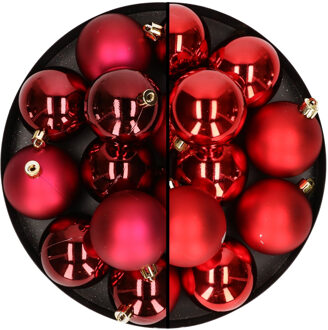 24x stuks kunststof kerstballen mix van donkerrood en rood 6 cm