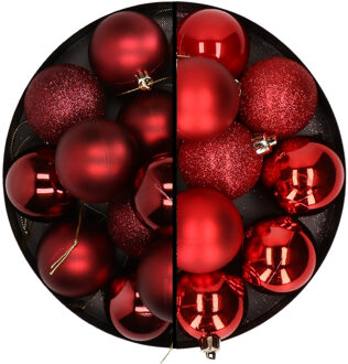 24x stuks kunststof kerstballen mix van donkerrood en rood 6 cm