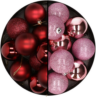 24x stuks kunststof kerstballen mix van donkerrood en roze 6 cm