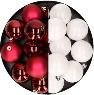 24x stuks kunststof kerstballen mix van donkerrood en wit 6 cm