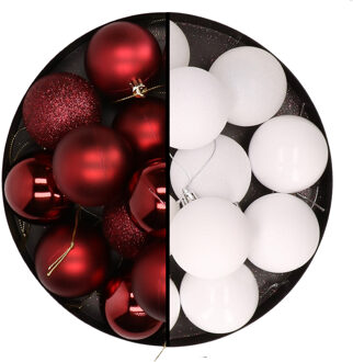 24x stuks kunststof kerstballen mix van donkerrood en wit 6 cm