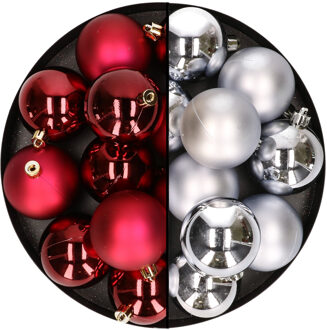 24x stuks kunststof kerstballen mix van donkerrood en zilver 6 cm - Kerstbal Zilverkleurig