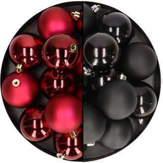 24x stuks kunststof kerstballen mix van donkerrood en zwart 6 cm