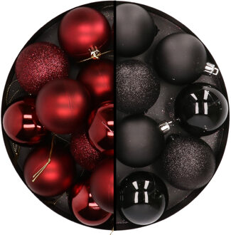 24x stuks kunststof kerstballen mix van donkerrood en zwart 6 cm