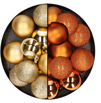24x stuks kunststof kerstballen mix van goud en oranje 6 cm