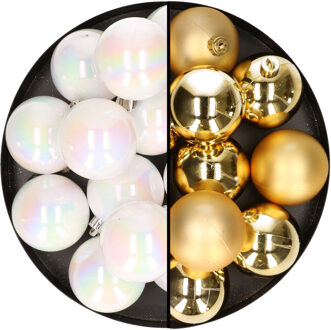 24x stuks kunststof kerstballen mix van goud en parelmoer wit 6 cm - Kerstbal Multikleur