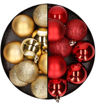24x stuks kunststof kerstballen mix van goud en rood 6 cm