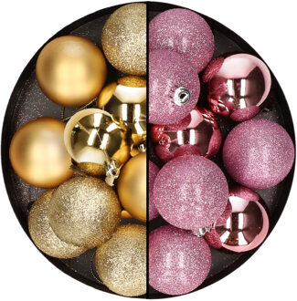 24x stuks kunststof kerstballen mix van goud en roze 6 cm - Kerstbal Goudkleurig