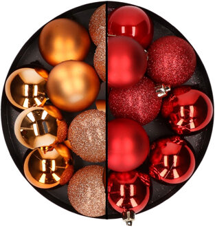 24x stuks kunststof kerstballen mix van koper en rood 6 cm