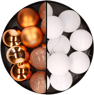 24x stuks kunststof kerstballen mix van koper en wit 6 cm