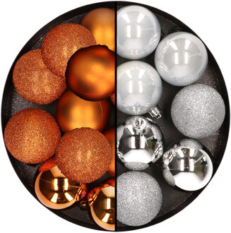 24x stuks kunststof kerstballen mix van koper en zilver 6 cm