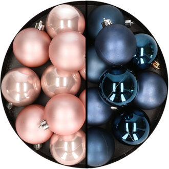 24x stuks kunststof kerstballen mix van lichtroze en donkerblauw 6 cm