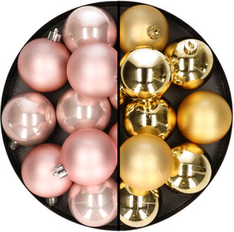 24x stuks kunststof kerstballen mix van lichtroze en goud 6 cm
