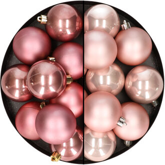 24x stuks kunststof kerstballen mix van lichtroze en oudroze 6 cm