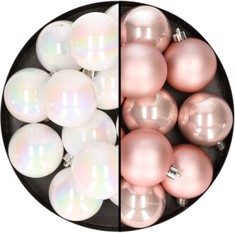 24x stuks kunststof kerstballen mix van lichtroze en parelmoer wit 6 cm
