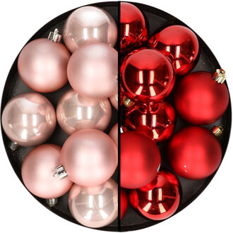 24x stuks kunststof kerstballen mix van lichtroze en rood 6 cm