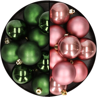 24x stuks kunststof kerstballen mix van oudroze en donkergroen 6 cm