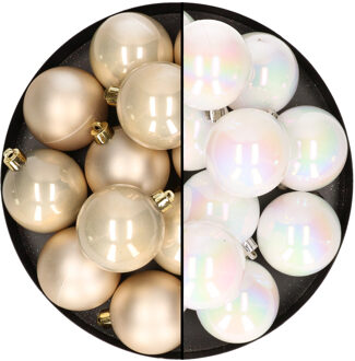 24x stuks kunststof kerstballen mix van parelmoer wit en champagne 6 cm