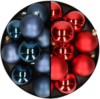 24x stuks kunststof kerstballen mix van rood en donkerblauw 6 cm - Kerstbal