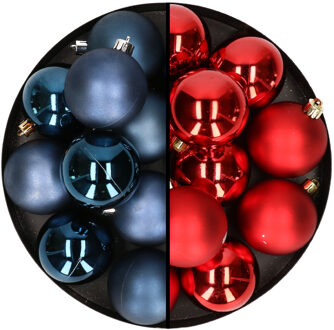 24x stuks kunststof kerstballen mix van rood en donkerblauw 6 cm