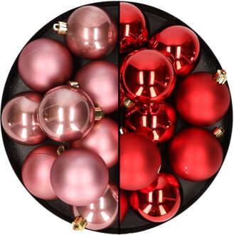 24x stuks kunststof kerstballen mix van rood en oudroze 6 cm