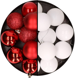 24x stuks kunststof kerstballen mix van rood en wit 6 cm