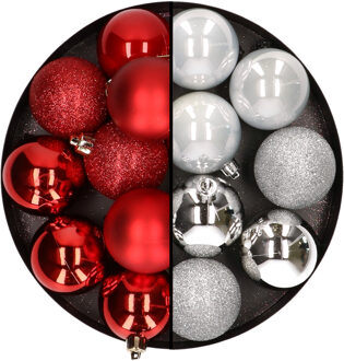 24x stuks kunststof kerstballen mix van rood en zilver 6 cm