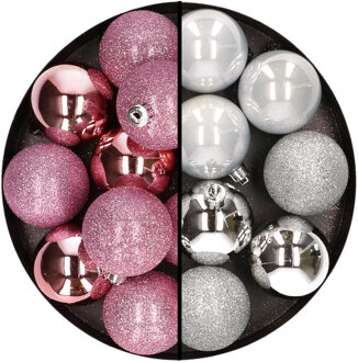 24x stuks kunststof kerstballen mix van roze en zilver 6 cm