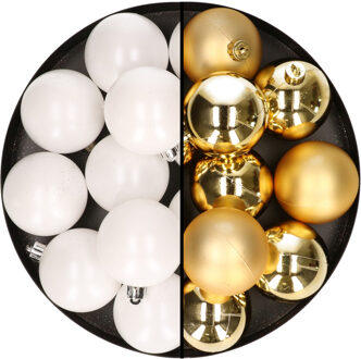 24x stuks kunststof kerstballen mix van wit en goud 6 cm - Kerstbal