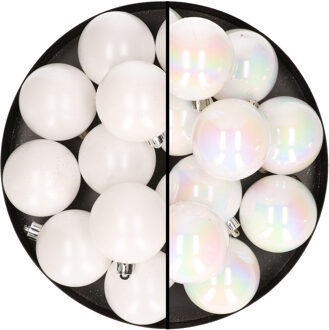 24x stuks kunststof kerstballen mix van wit en parelmoer wit 6 cm