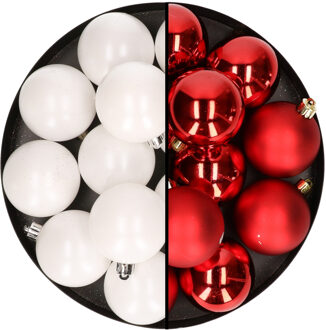 24x stuks kunststof kerstballen mix van wit en rood 6 cm - Kerstbal