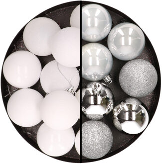 24x stuks kunststof kerstballen mix van wit en zilver 6 cm