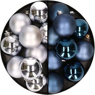 24x stuks kunststof kerstballen mix van zilver en donkerblauw 6 cm - Kerstbal Zilverkleurig