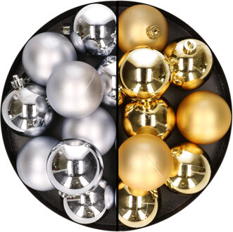 24x stuks kunststof kerstballen mix van zilver en goud 6 cm - Kerstbal Goudkleurig