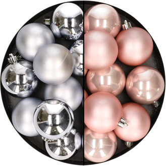 24x stuks kunststof kerstballen mix van zilver en lichtroze 6 cm - Kerstbal