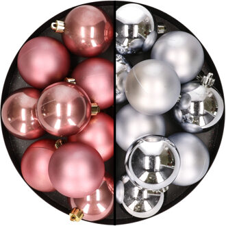 24x stuks kunststof kerstballen mix van zilver en oudroze 6 cm - Kerstbal Zilverkleurig