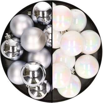 24x stuks kunststof kerstballen mix van zilver en parelmoer wit 6 cm - Kerstbal