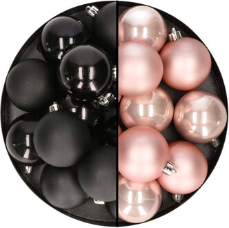 24x stuks kunststof kerstballen mix van zwart en lichtroze 6 cm - Kerstbal