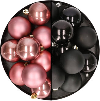 24x stuks kunststof kerstballen mix van zwart en oudroze 6 cm