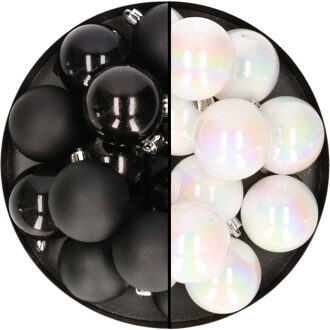 24x stuks kunststof kerstballen mix van zwart en parelmoer wit 6 cm - Kerstbal