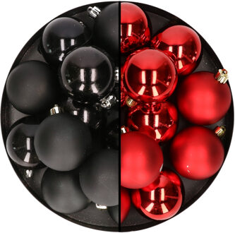 24x stuks kunststof kerstballen mix van zwart en rood 6 cm
