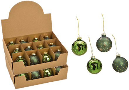 24x stuks luxe gedecoreerde glazen kerstballen groen 6 cm