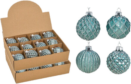 24x stuks luxe gedecoreerde glazen kerstballen turquoise blauw 6 cm