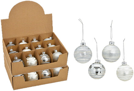 24x stuks luxe gedecoreerde glazen kerstballen zilver 6 cm