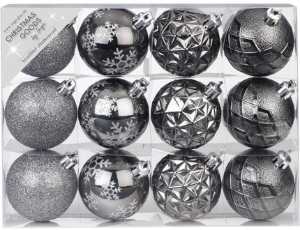 24x stuks luxe gedecoreerde kunststof kerstballen antraciet mix 6 cm