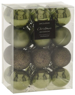 24x stuks mini kerstballen mix groen tinten kunststof 3 cm