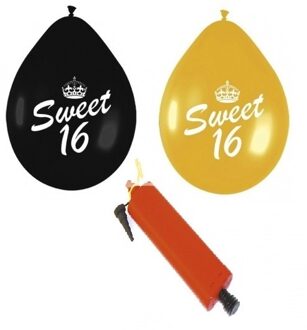 24x Sweet 16 ballonnenpakket zwart en goud inclusief pomp