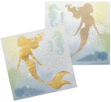 24x Zeemeermin/mermaid/oceaan themafeest servetten goud 33 x 33 cm - Kinder feestartikelen/versiering voor op tafel