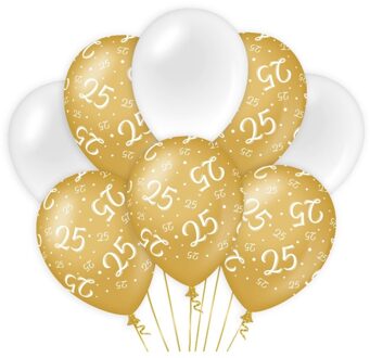 25 jaar leeftijd thema Ballonnen - 8x - goud/wit - Verjaardag feestartikelen - Ballonnen Goudkleurig